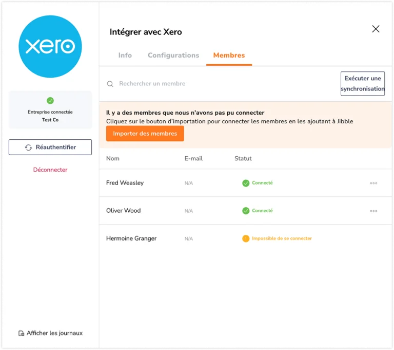 Onglet des membres de l'intégration Xero